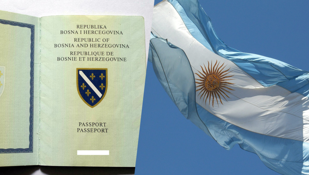 Left: Bosnian passport, inside page. Right: Argentinian flag.