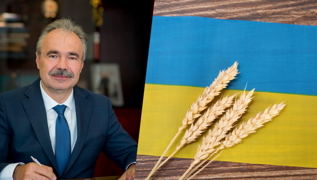Left: István Nagy. Right: Ukrainian flag with wheat.