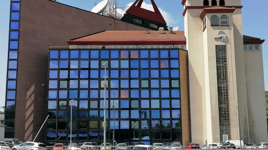 Front view of the main building of Radio Television Serbia in Belgrade.