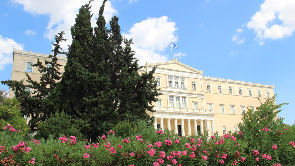 Front view of Hellenic Parliament building in Athens.