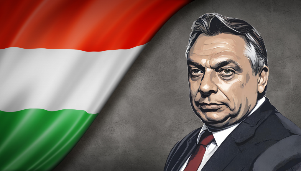 Illustration of Hungarian Prime Minister Viktor Orbán on backdrop of Hungarian flag.