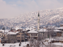 Skyline image of Sarajevo in winter.